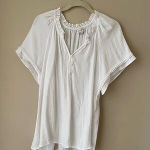Wonderly White Ruffle-Neck Button Henley Blouse